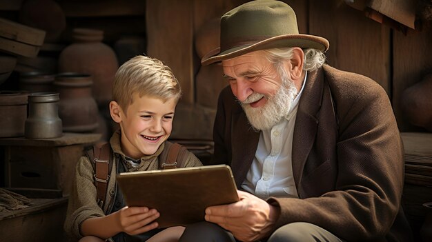 Een kind leert zijn grootouder hoe hij een tablet moet gebruiken