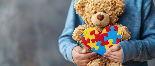 Foto een kind met autisme dat een puzzelstuk vasthoudt