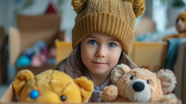 een kind met blauwe ogen en een bruine hoed met een bruine beer erop