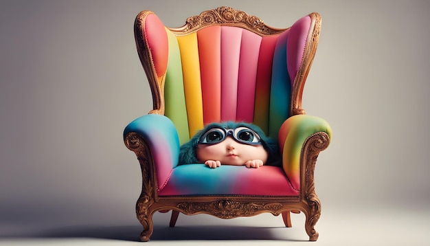 een kind met een bril en een blauw shirt ligt op een kleurrijke stoel