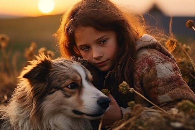 Een kind met een hond in de natuur.