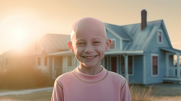 een kind met een kaal hoofd glimlachend voor een huis in de stijl van lichtroze