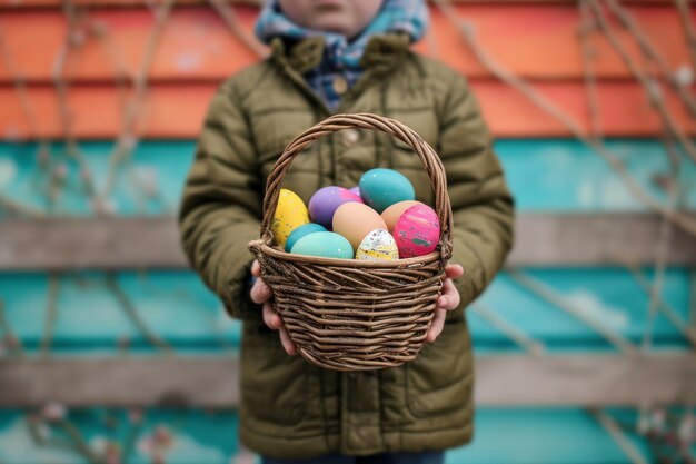 Foto een kind met een mandje met paaseieren