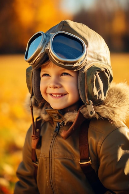 Foto een kind met een pilotenhelm en beschermbril lacht