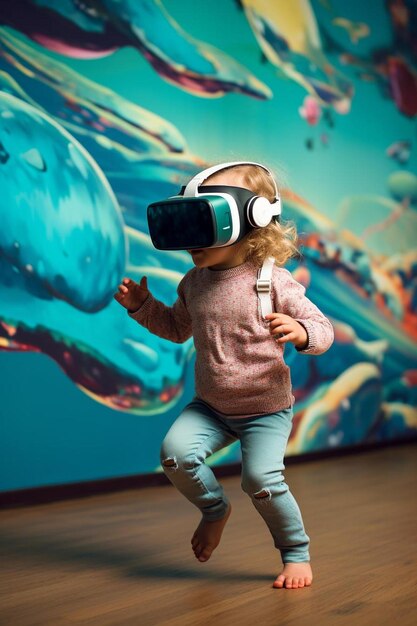 Foto een kind met een virtual reality headset speelt met een foto van een haai