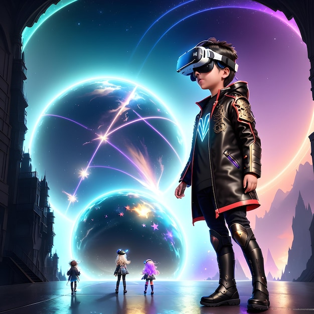 Een kind met een vr-headset kinderen en het meta-universum virtual reality ai gegenereerd