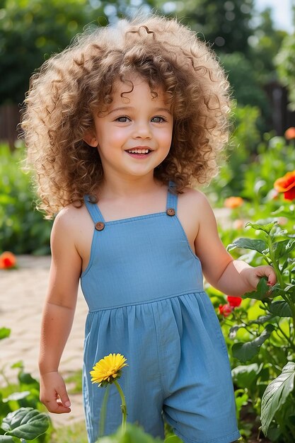 Een kind met krullend haar speelt in de zomertuin.