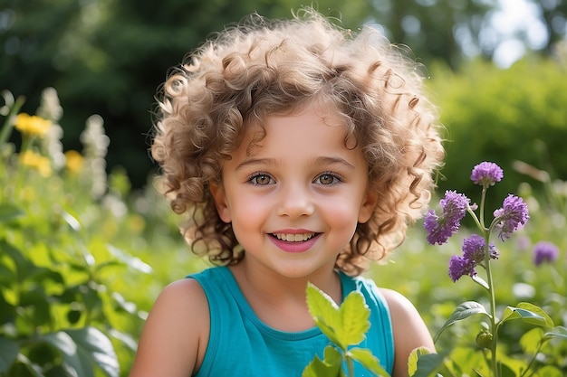 Een kind met krullend haar speelt in de zomertuin.