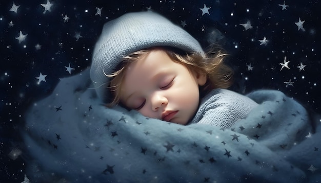 Een kind slaapt op een bed met sterren op de achtergrond