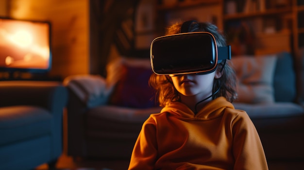 Een kind speelt met een VR-helm in de woonkamer