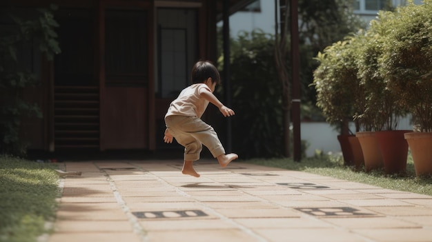 Een kind springt op een terras met nummers in het midden