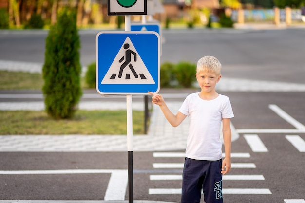 Een kind staat bij een bord voor een voetgangersoversteekplaats en wijst ernaar met zijn vinger