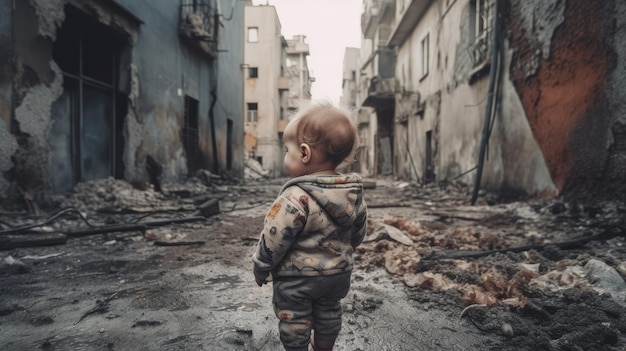 Een kind staat in een straat midden in een verwoeste stad.