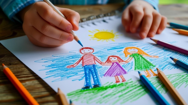Een kind tekent een zon met gekleurde potloden