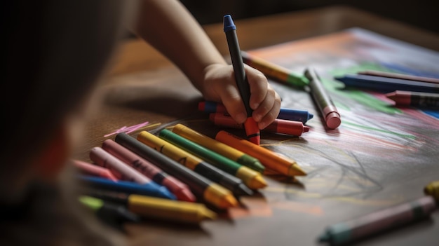 Een kind tekent op een tafel met kleurpotloden.