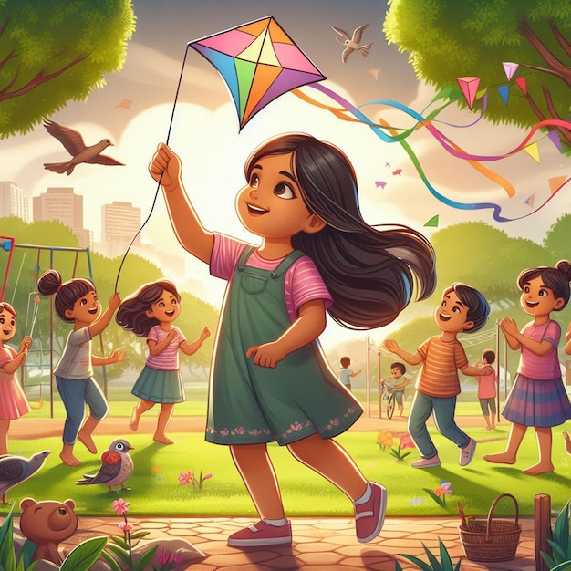Een kind vliegt een vlieger in een park met andere kinderen die in de achtergrond cartoon spelen