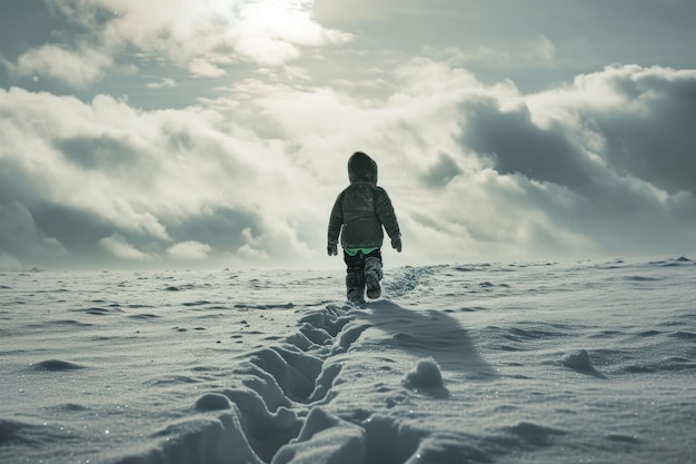 Een kind39s doorgang door een besneeuwde uitgestrektheid laat een ingewikkeld spoor achter Winterkleding compleet met laarzen versierd met groene accenten valt op tegen het besneeuwde landschap