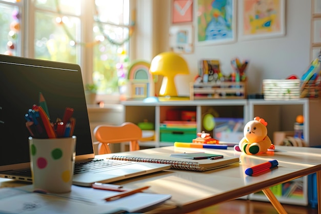 Een kinder bureau met een computer potloden en een teddybeer