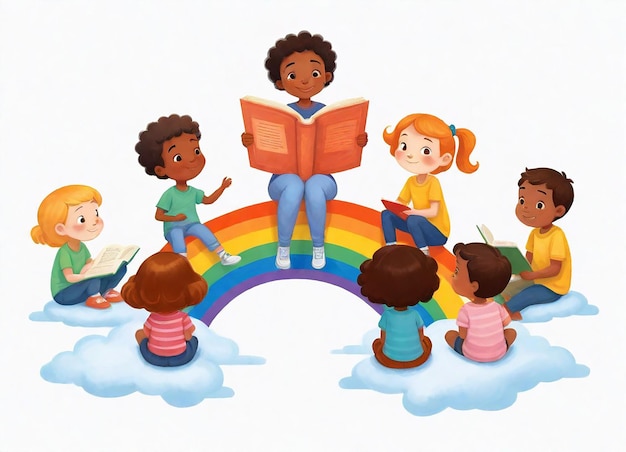 een kinderillustratie van kinderen die een regenboog lezen