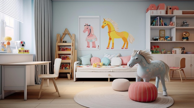 Foto een kinderkamer in scandinavische stijl met een wit bed en een charmant schommelpaard de heldere kleuren geven de minimalistische inrichting een speelse touch