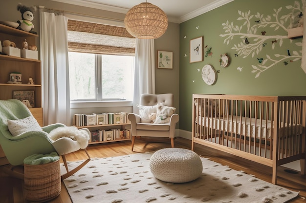 Een kinderkamer met een groen behang met een ledikant en een ledikant met een boomtak eraan.