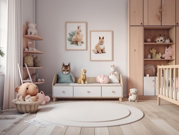 Een kinderkamer met een plank met afbeeldingen van een vos en een hond.