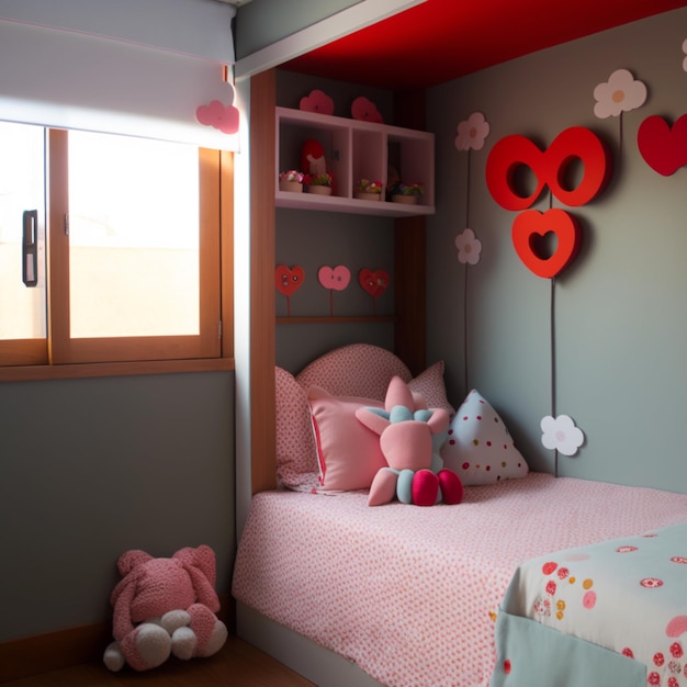 Een kinderkamer met een roze bed en een roze dekentje met een hartje erop.