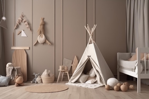 Een kinderkamer met een tipi-tent en speelgoed generatieve AI