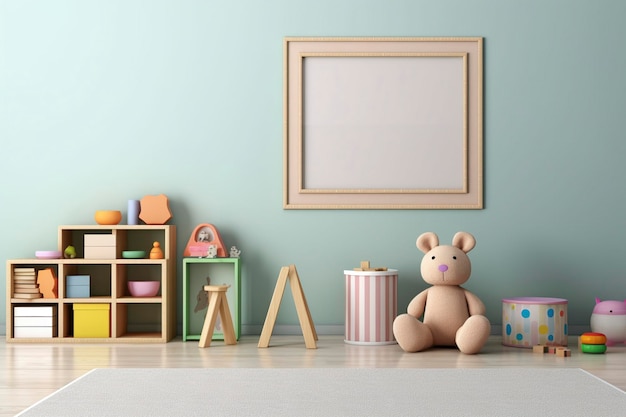 Een kinderspeelkamer met een leeg fotolijstje
