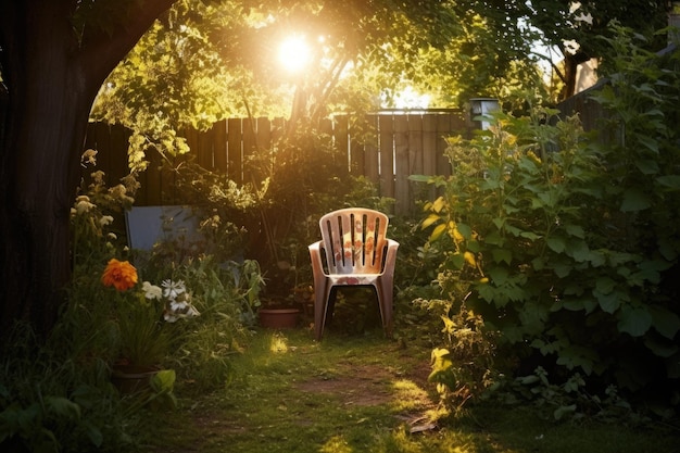 Een kinderstoel in een tuin met zonnestralen die door bomen bij zonsondergang filteren