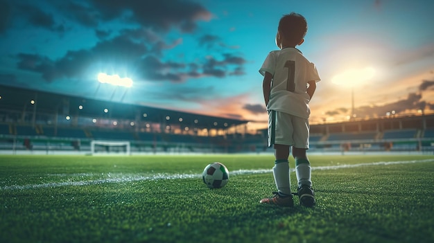 Een kindervoetbalspeler die met een bal in het midden van het voetbalveld op het stadion staat