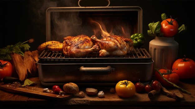een kip die op de grill in het vuur kookt