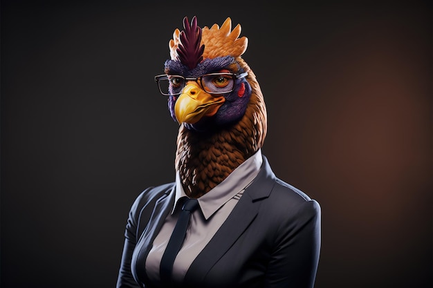 Een kip in een pak met bril en een shirt met de tekst 'de vogel'