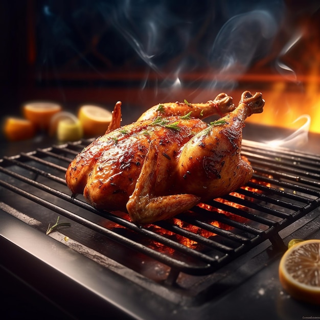 Een kip kookt op een grill met een citroen en citroen.