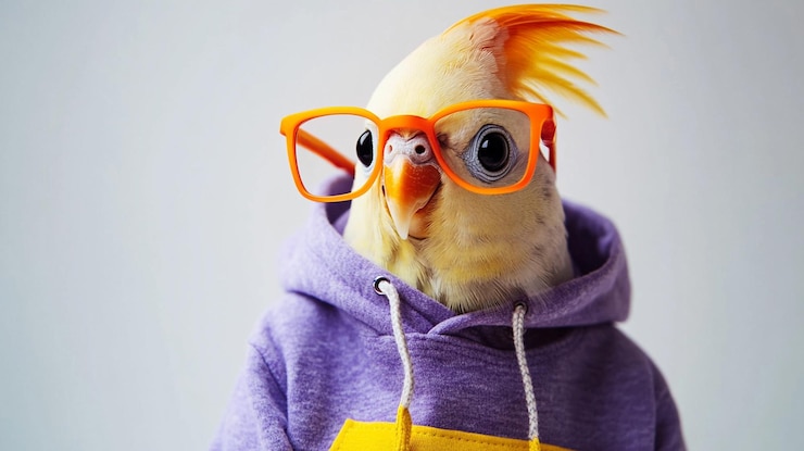 Foto een kip met een bril en een paarse hoodie met een geel logo erop