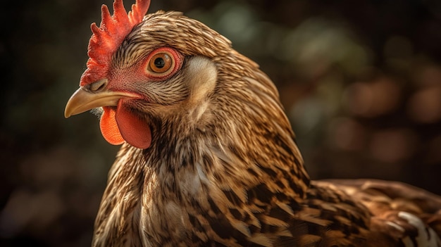 Een kip met een rode snavel en rode ogen