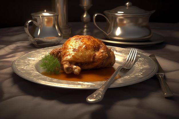 Een kip op een bord met een vork en saus erop.