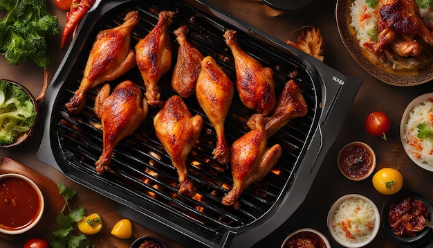 een kip wordt op een grill gekookt met andere voedingsmiddelen, waaronder een kip