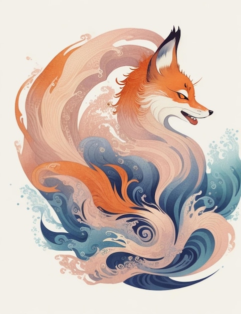 Een kitsune-tatoeageontwerp in een neo-traditionele stijl met een 2D vlak vectorkarakterontwerp