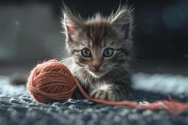 Een kitten die met een bal garen speelt