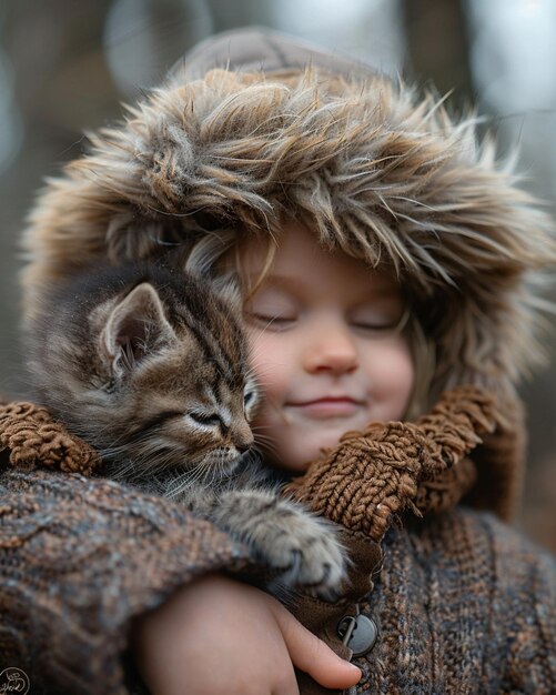 Foto een kitten die tegen kleine jongens knuffelt