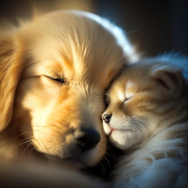 Een kitten en een baby golden retriever slapen samen