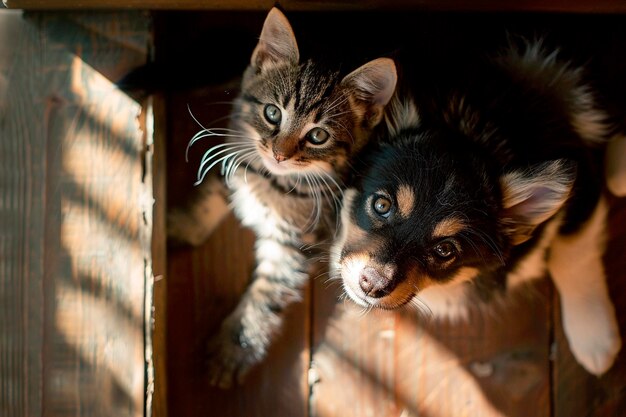 een kitten en een kleine hond die naar boven kijken