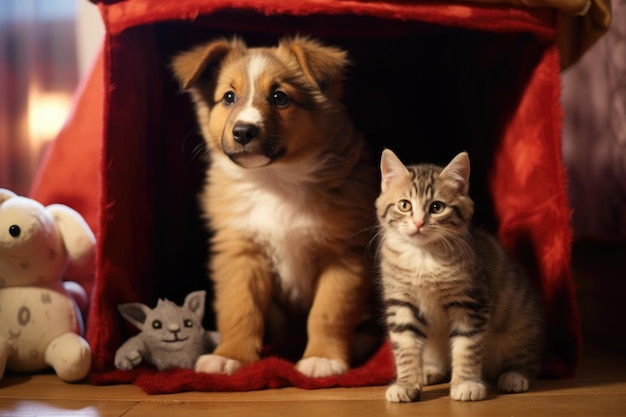 Een kitten en een puppy allebei in een grote schoenendoos