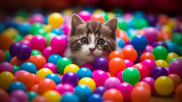 Een kitten in een ballenbak