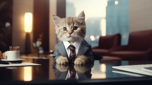 Een kitten in een pak die zich voordoet als een zakenman in een zakelijke omgeving