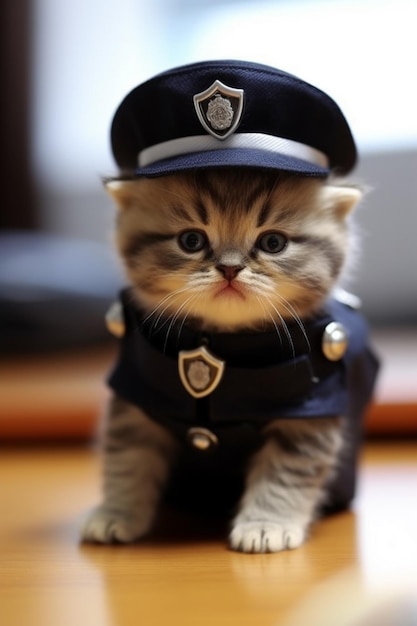 Een kitten in een politie-uniform.