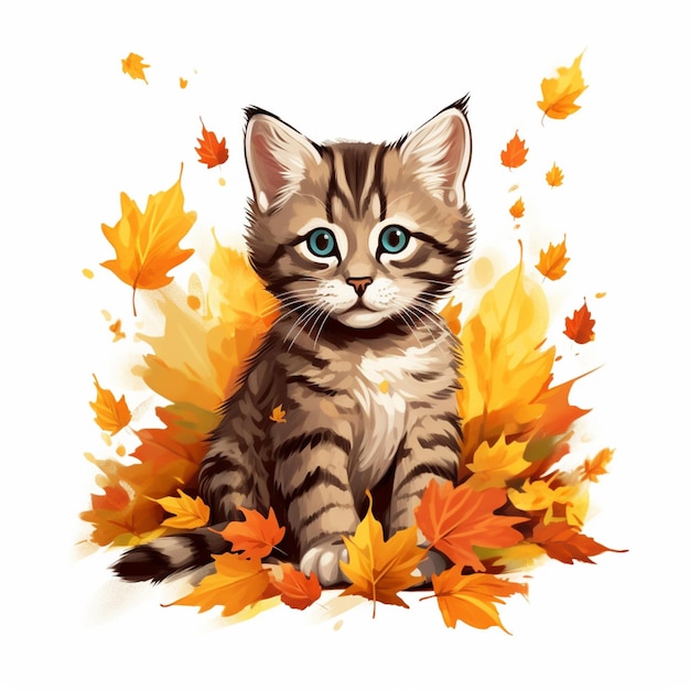 Een kitten in een stapel herfstbladeren