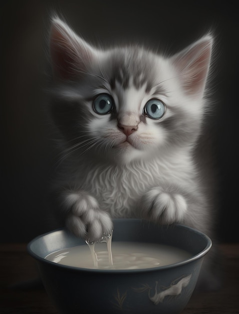 Een kitten met blauwe ogen kijkt naar een kom melk.