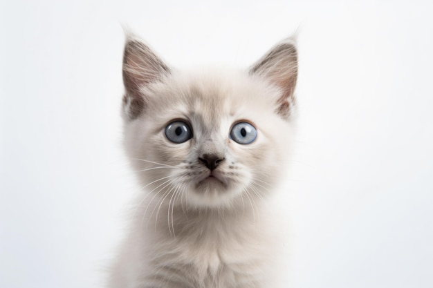 Een kitten met blauwe ogen kijkt omhoog naar de camera.